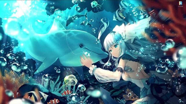 Аниме девушка и дельфин глубоко под водой - живые обои для wallpaper engine
