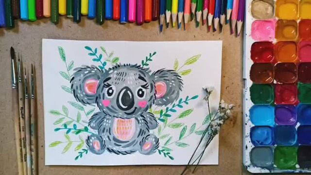 "пушистая коала" - идеи для творчества, рисунок акварелью и цветными карандашами.
